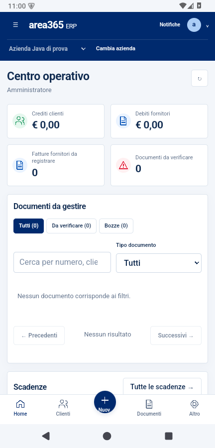 Home Android AREA 365 con accesso ai moduli, alle attività e ai dati aziendali dimostrativi